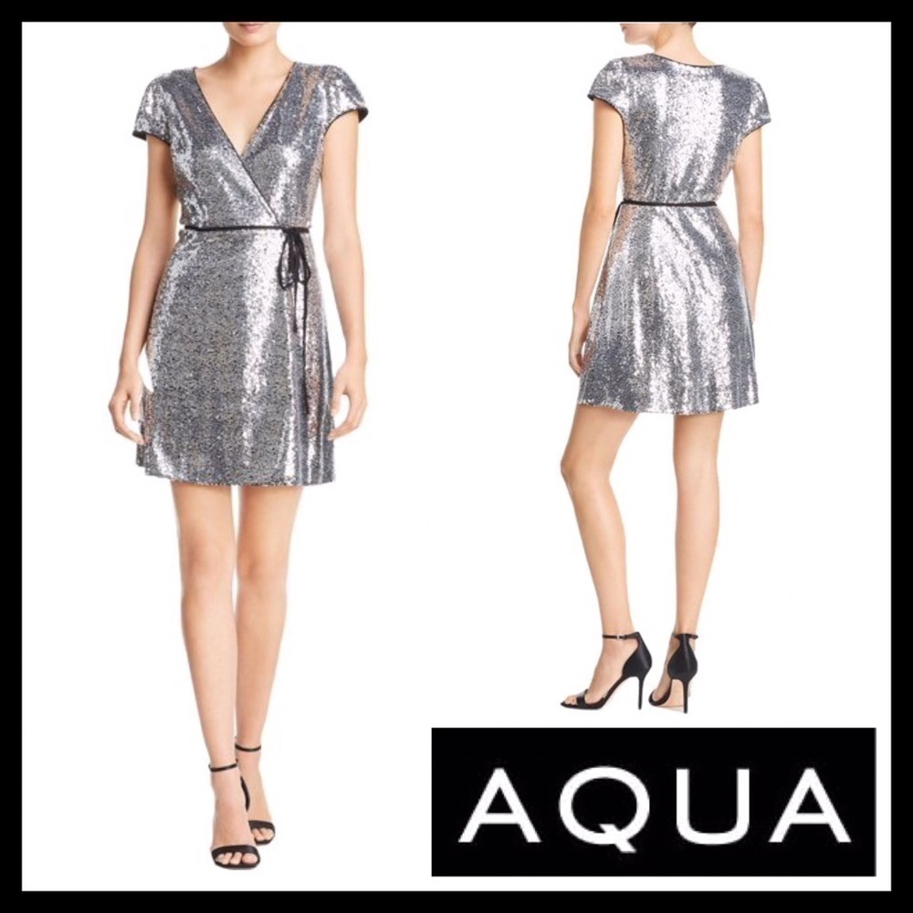 AQUA Sequined Party Wrap Dress